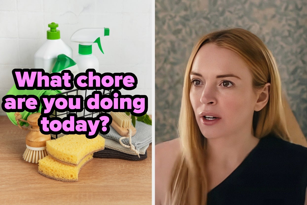 Household cleaning items beside text, "What chore are you doing today?" and Lindsay Lohan looking surprised