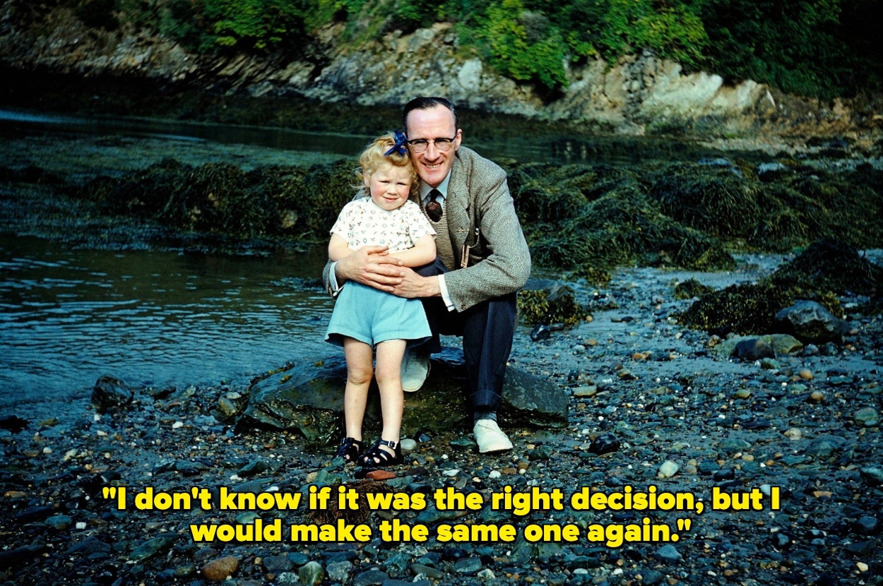 Man kneeling by young girl on rocky shore, smiling. Text reads: "I don't know if it was the right decision, but I would make the same one again."