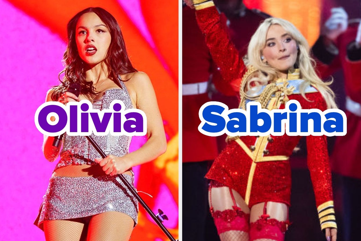 Two performances: Oliva Rodrigo in a silver sequined outfit singing; Sabrina Carpenter in a red showgirl costume performing. Large text labels both with names
