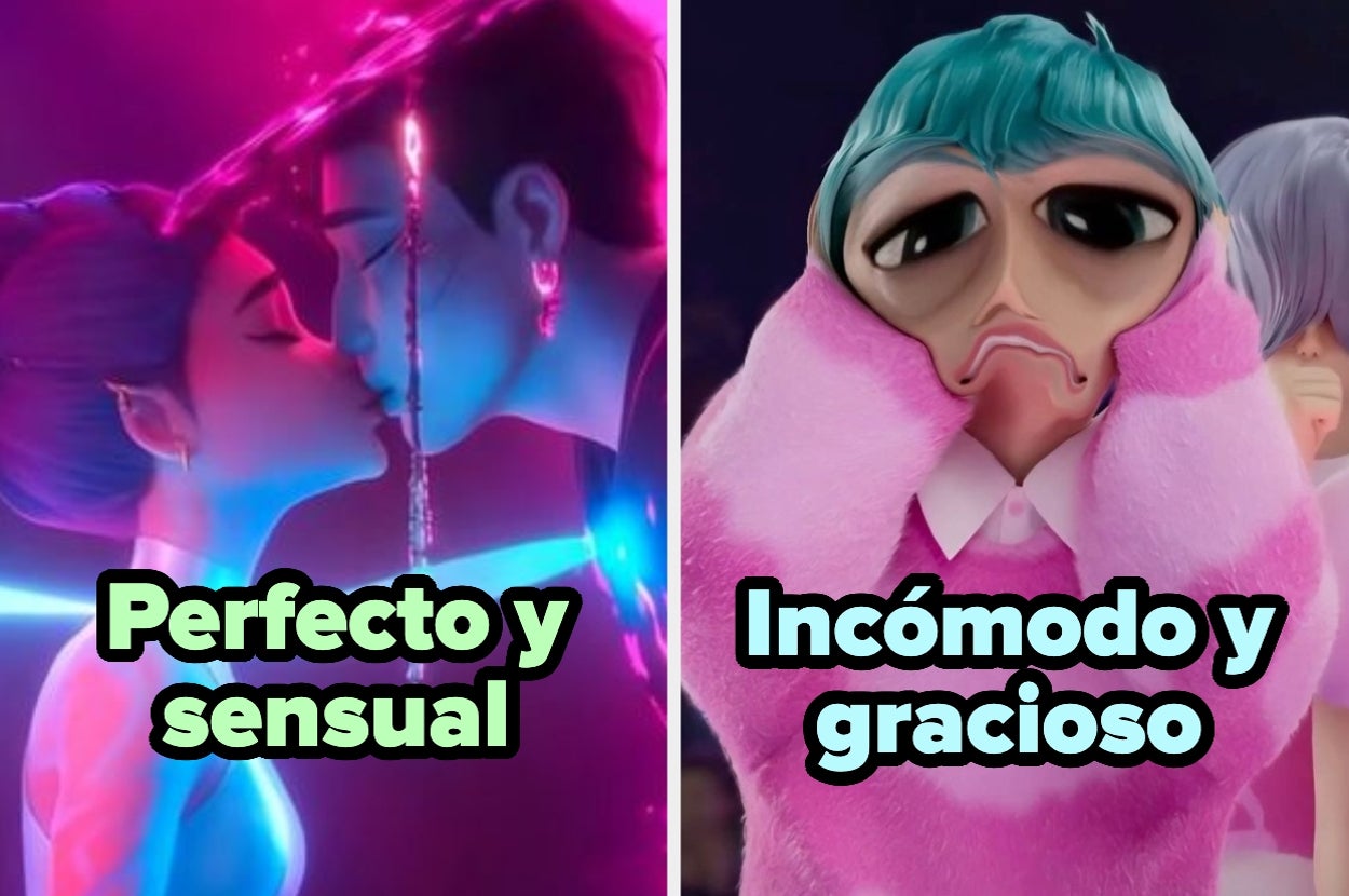 Dos imágenes: una de una pareja besándose en un entorno futurista, con el texto "Perfecto y sensual", y otra de una figura animada con expresión graciosa, con el texto "Incómodo y gracioso"