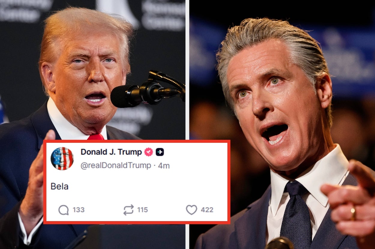Two political figures speaking passionately at events; inset shows a tweet from Donald Trump saying, "Bela," with engagement metrics
