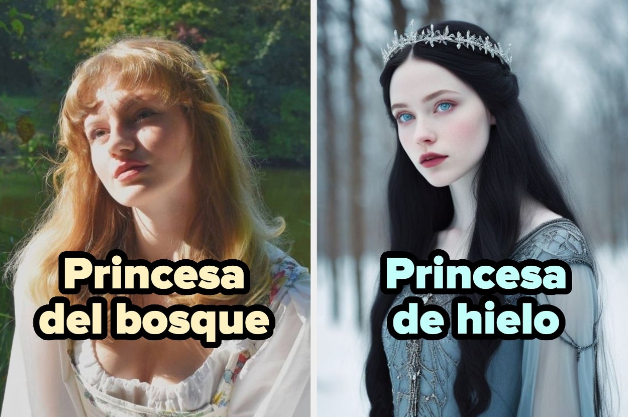 A la izquierda, mujer con vestido campestre; a la derecha, mujer con vestido elegante y corona. Texto: "Princesa del bosque" y "Princesa de hielo"