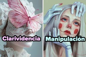 Dos imágenes artísticas: una con mariposa en los ojos titulada "Clarividencia" y otra con manos manipulando una cara titulada "Manipulación"