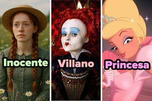 Tres personajes: una chica con trenzas ("Inocente"), reina con peluca roja ("Villano"), hada en vestido glamuroso ("Princesa")