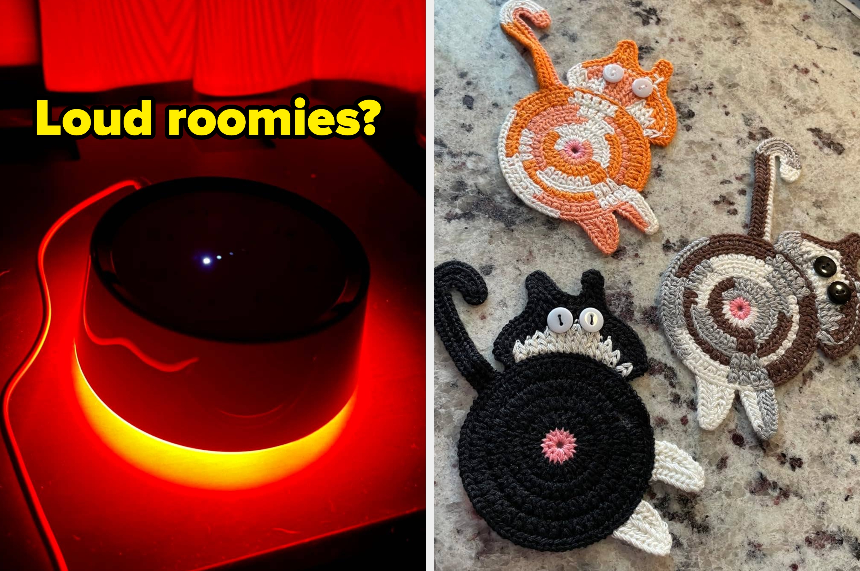 Sound machine glowing red next to crocheted cat coasters on a table