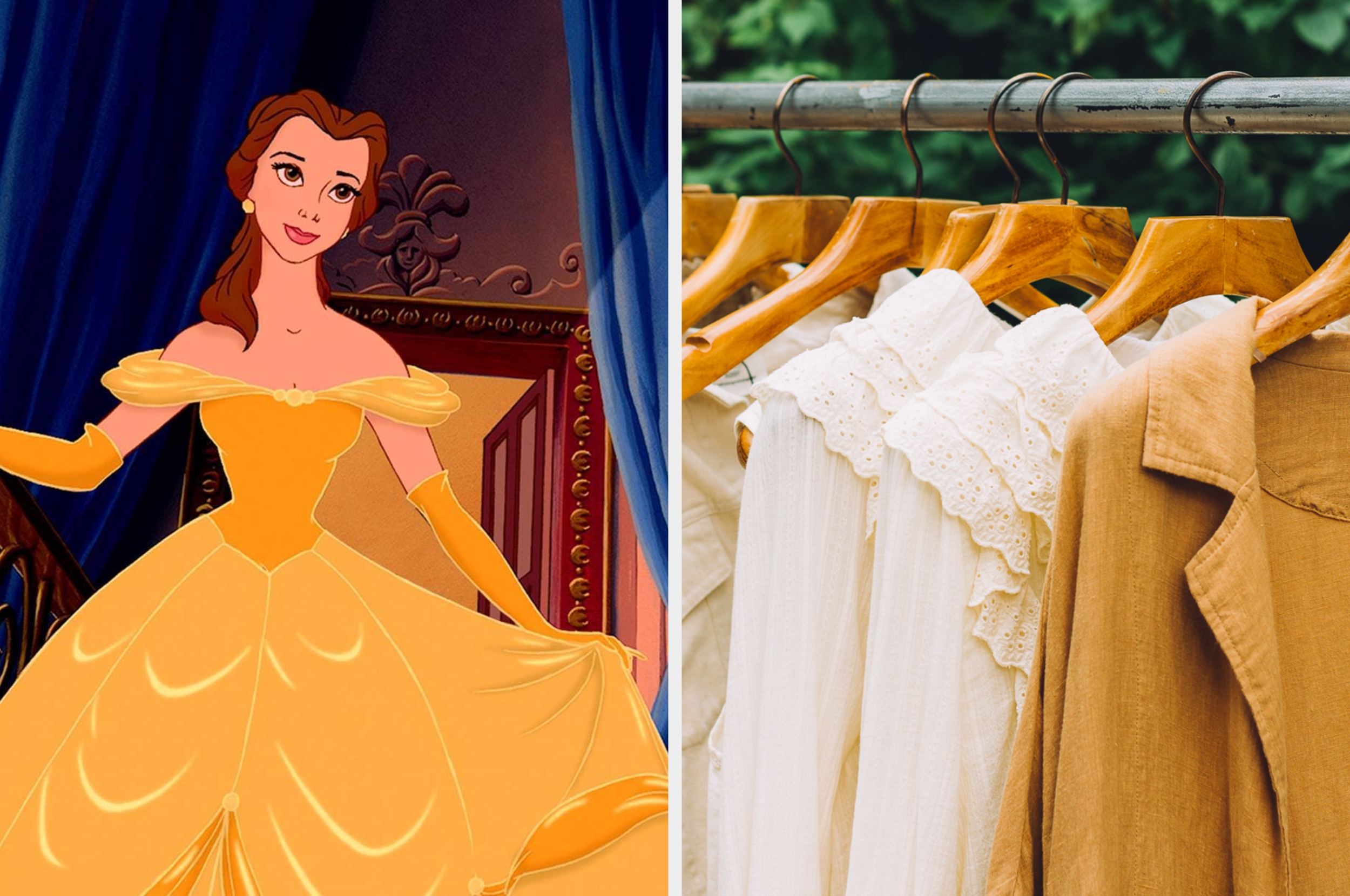 Animated character in a gown next to a rack of white blouses and a tan jacket on wooden hangers