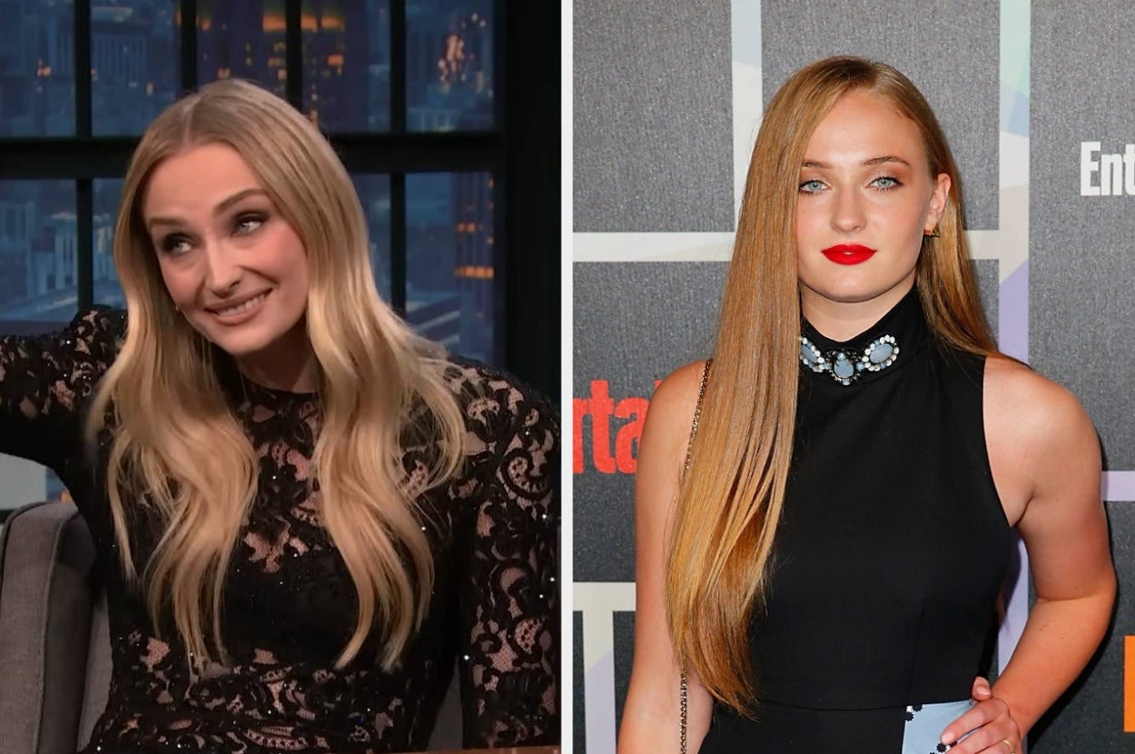 Two images of the same person: on the left, casually dressed talking on a talk show; on the right, in a black lace dress at a red carpet event