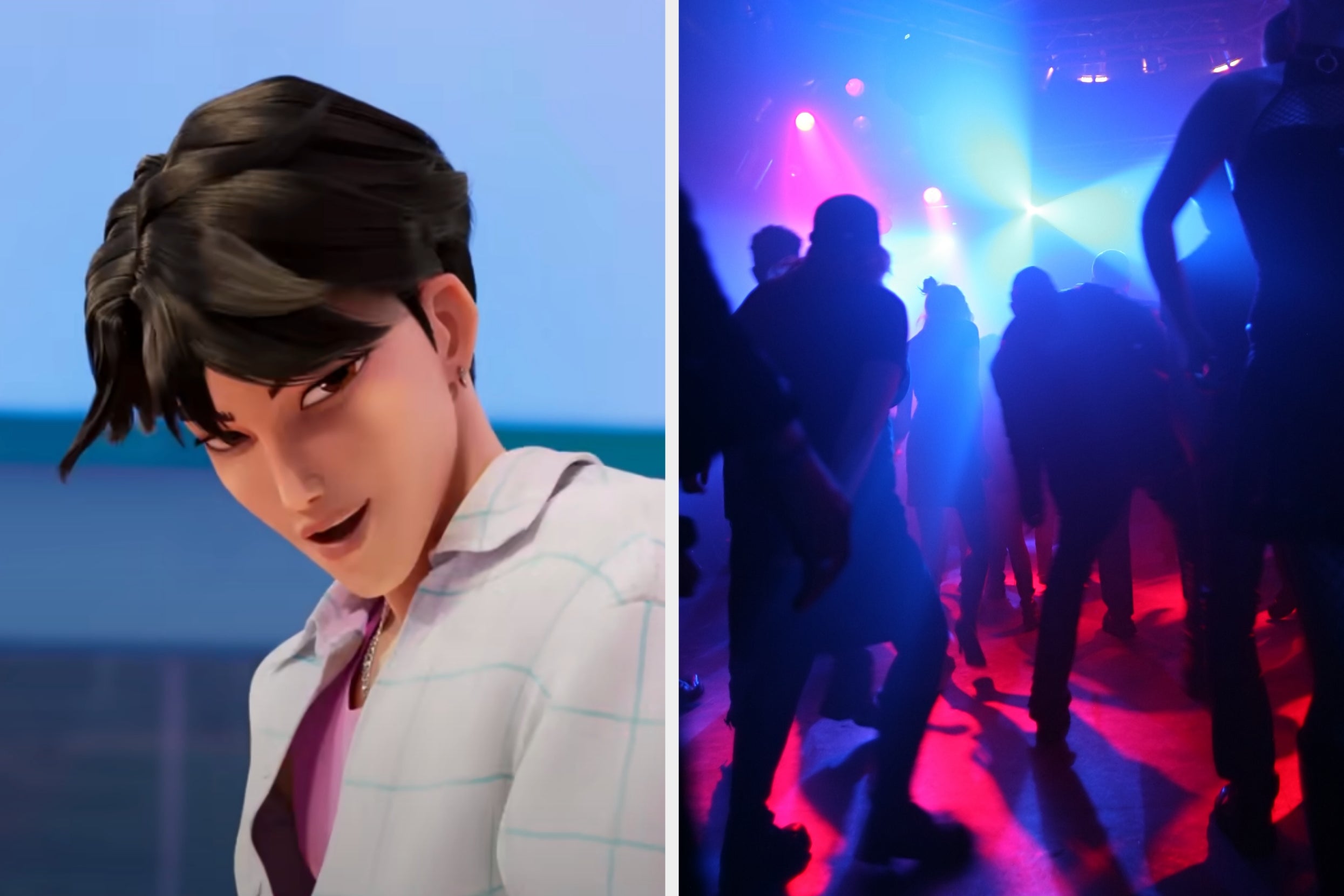 On the left, Jinu from KPop Demon Hunters, and on the right, people dancing at a nightclub