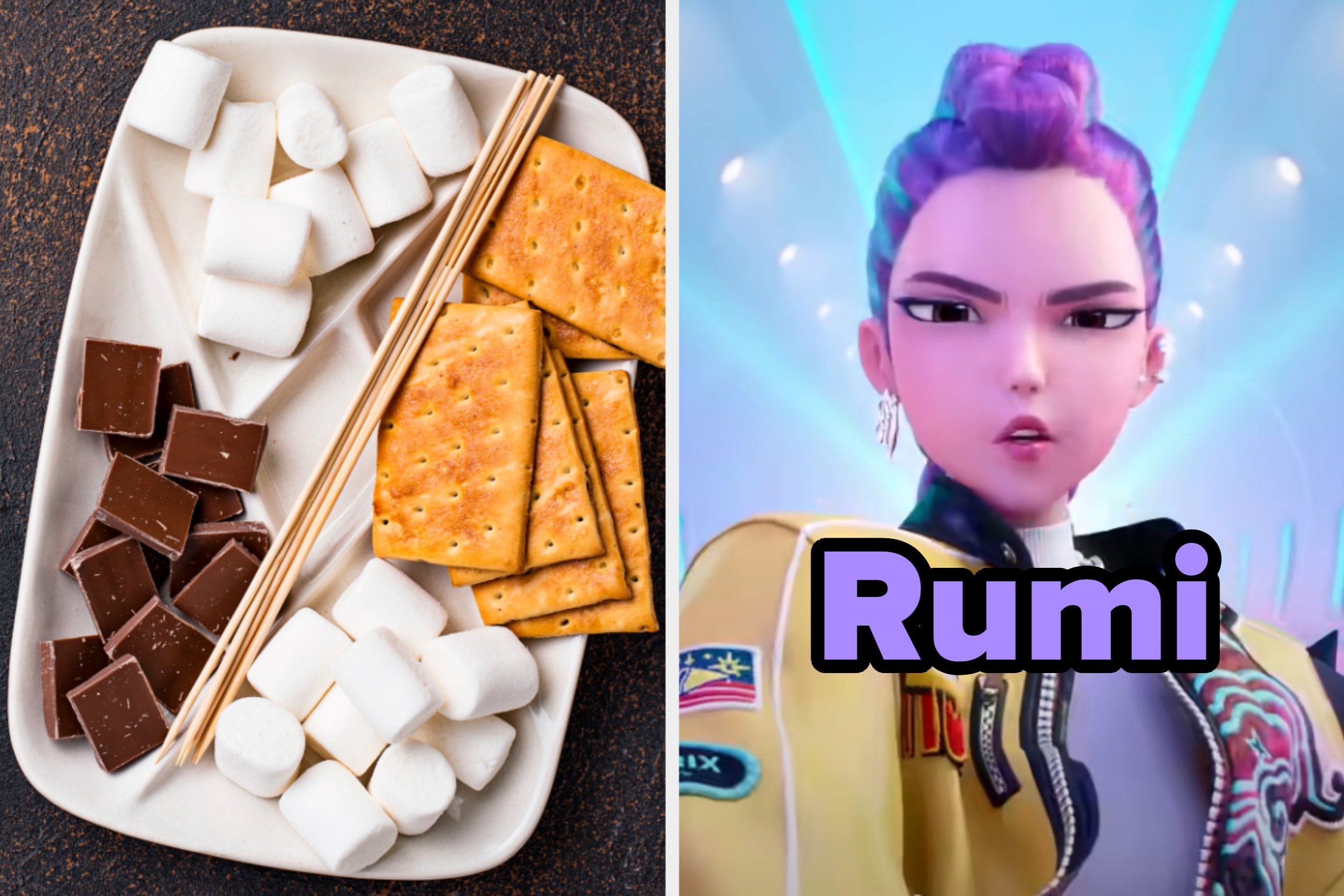 On the left, a with graham crackers, chocolate marshmallows, and skewers, and on the right, Rumi from KPop Demon Hunters