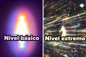 Imagen dividida en dos: izquierda con figura brillante y texto "Nivel básico"; derecha con figura en líneas de energía y texto "Nivel extremo"