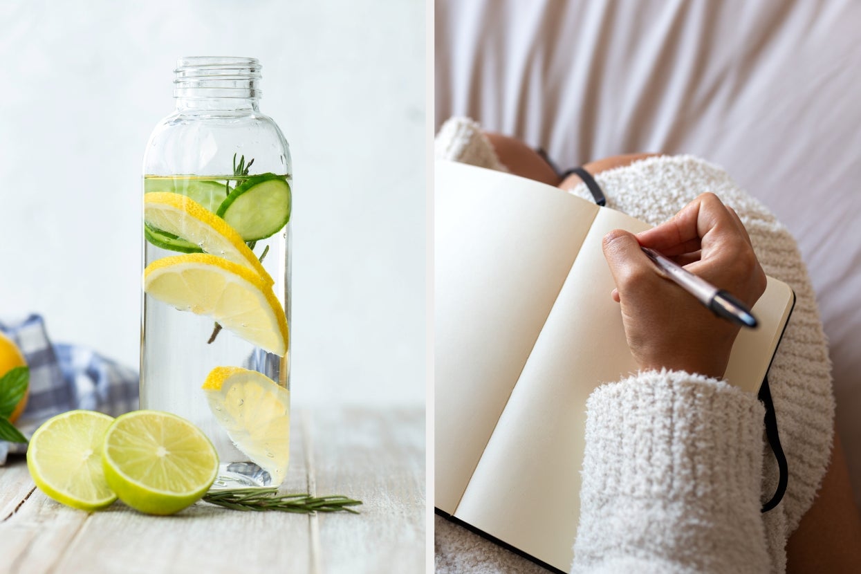 A refreshing bottle of lemon and cucumber water next to a person writing in a journal while sitting comfortably
