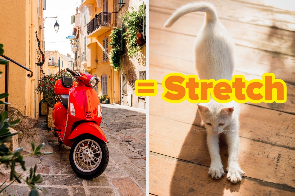 Red scooter parked on a rustic street. Kitten stretching indoors. Bold text reads: "Stretch."