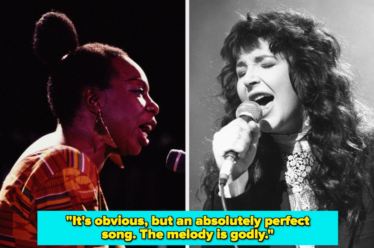 Split image: On the left, a person singing into a microphone; on the right, another person also singing passionately with text: "It's obvious, but an absolutely perfect song. The melody is godly."