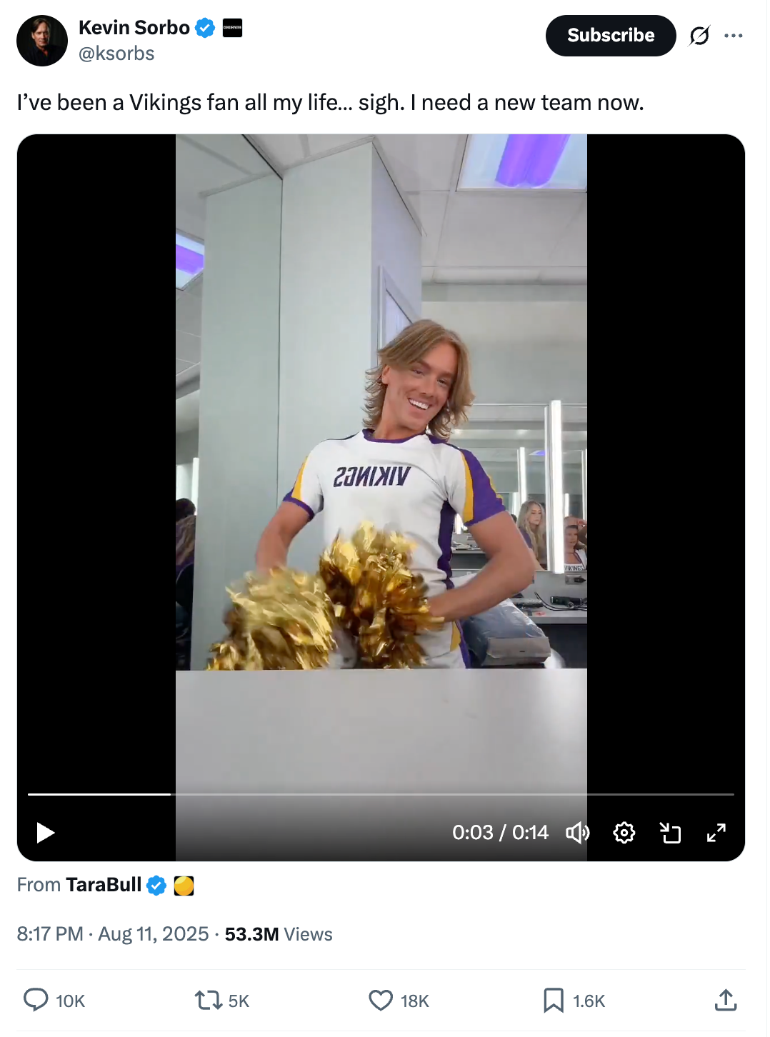 A person wearing a Vikings jersey holds pom-poms, grinning in a tweet expressing disappointment with a team