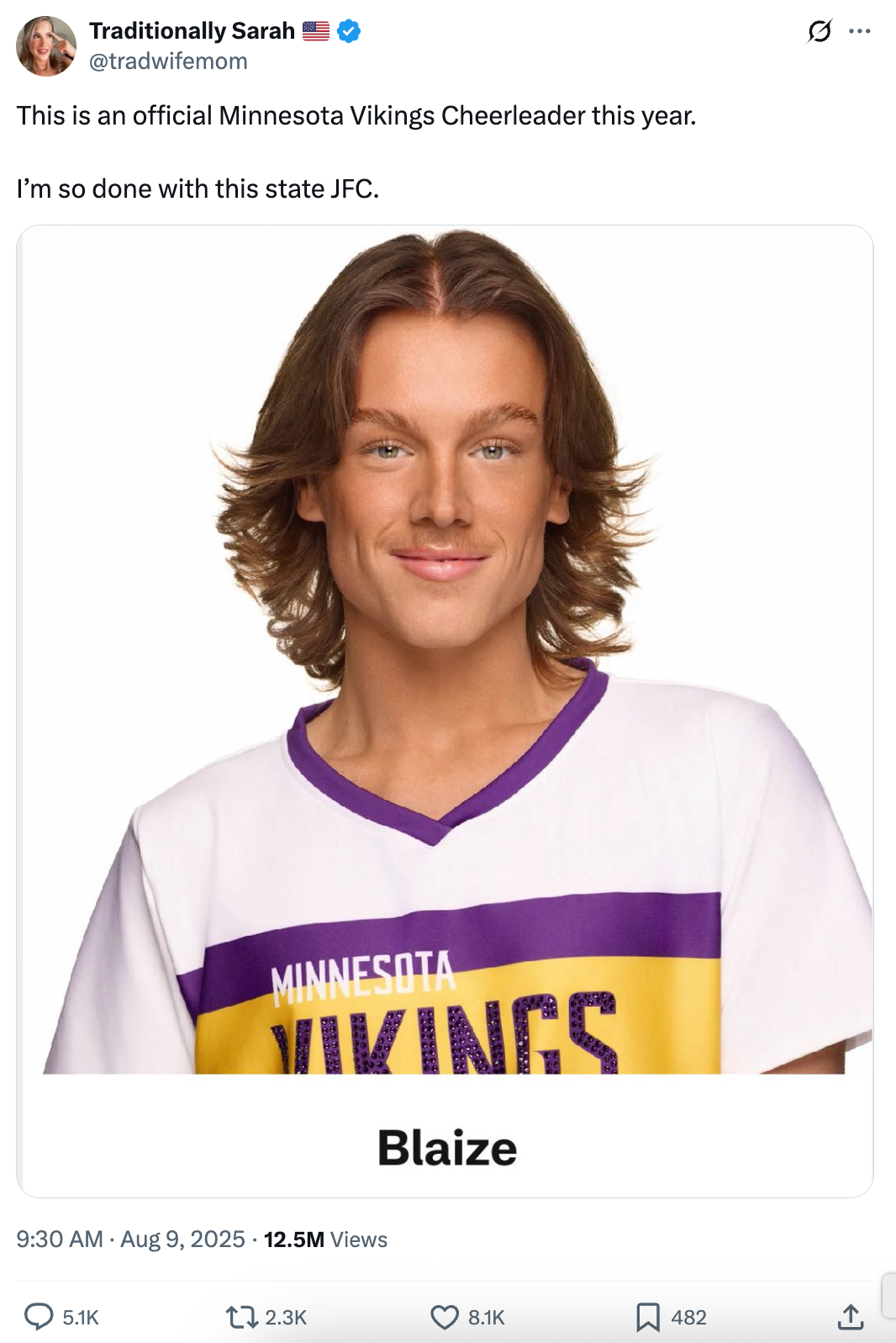 "This is an official Minnesota Vikings Cheerleader this year. I'm so done with this state JFC."