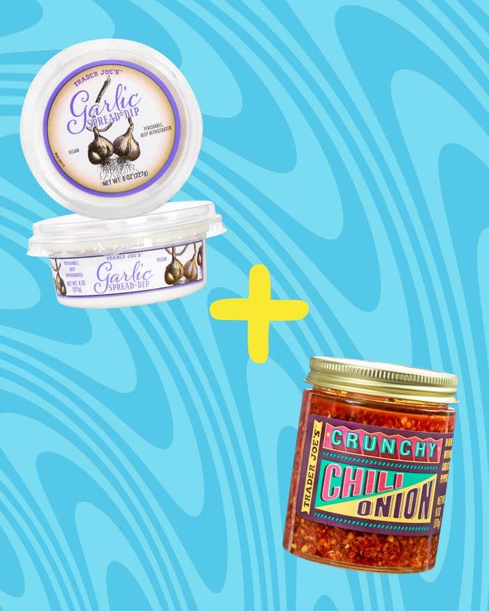 Containers of Trader Joe's Garlic Spread Dip and Crunchy Chili Onion are shown connected a swirled bluish background