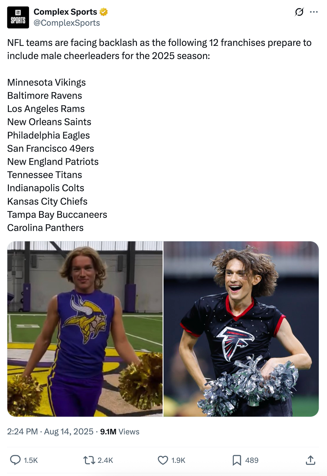 Tweet about NFL teams introducing male cheerleaders in 2025 season; list of teams included. Image shows cheerleaders in Vikings and Falcons outfits