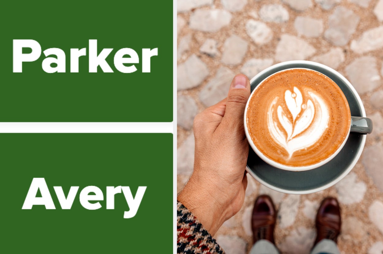 The image combines branding, showing "Parker Avery," with a hand holding a latte featuring latte art on a stone path