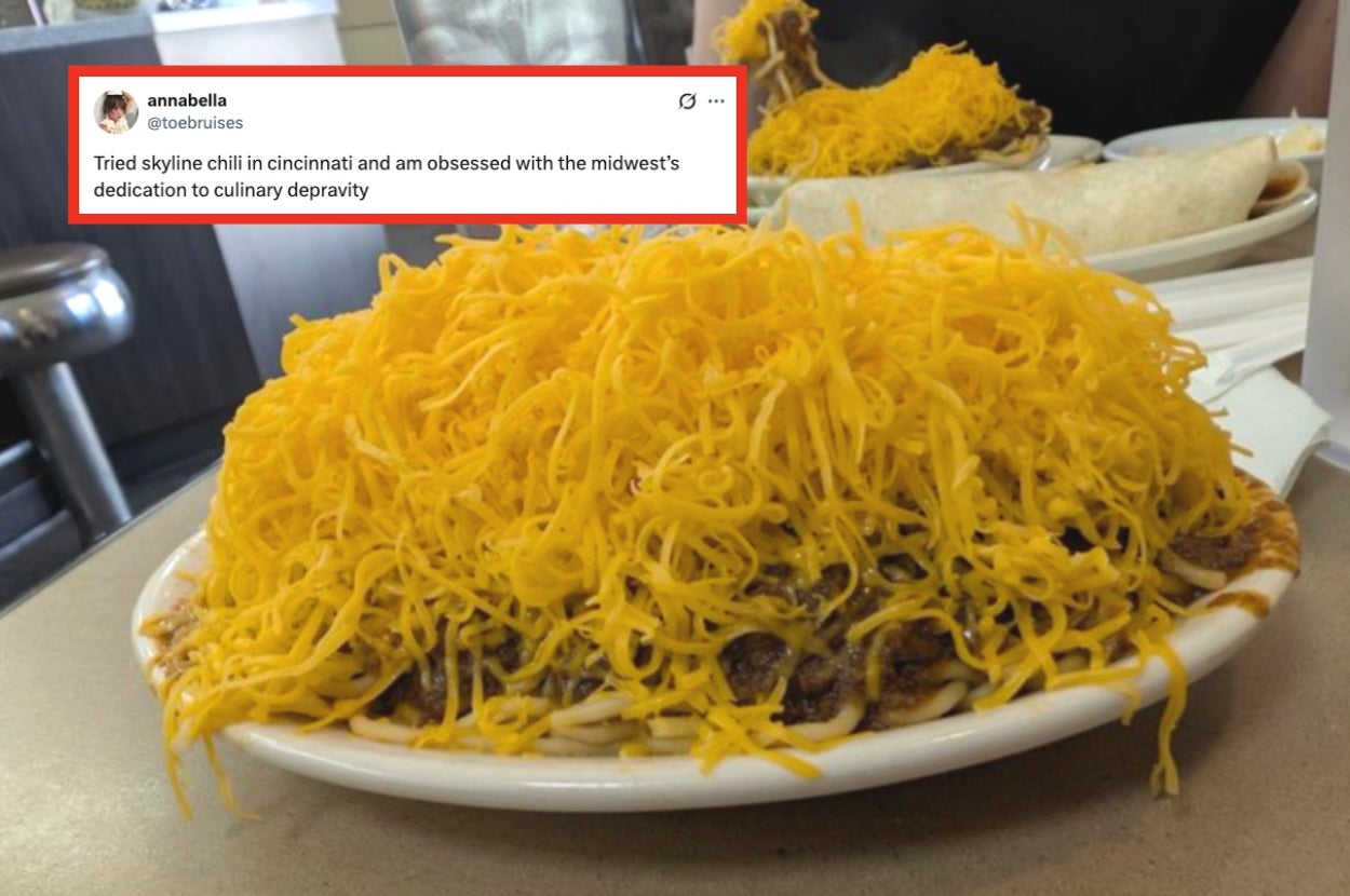 Plate of Cincinnati chili covered in shredded cheese; tweet reads, "Obsessed with the Midwest's dedication to culinary depravity."
