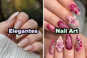 Left: Almond-shaped nails with glossy finish and gold tips. Right: Intricate floral and gemstone nail art with pink petals