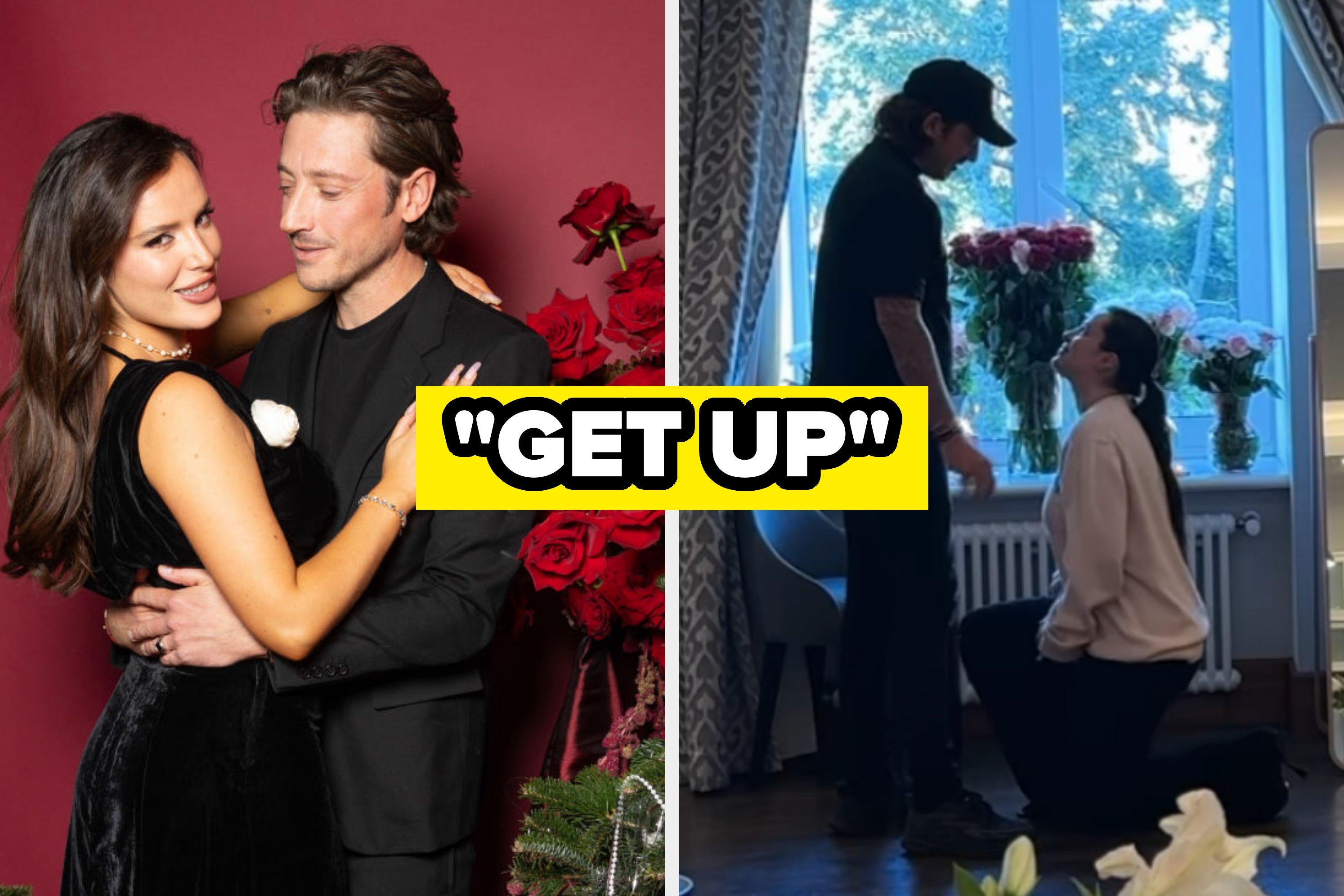 Two images: left shows a couple holding each other warmly; right shows a person kneeling in front of another near a window with flowers