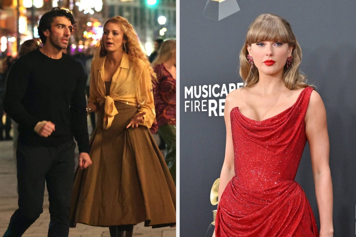Two people walking and talking on a street at night. A person stands on the red carpet wearing a sparkling red gown