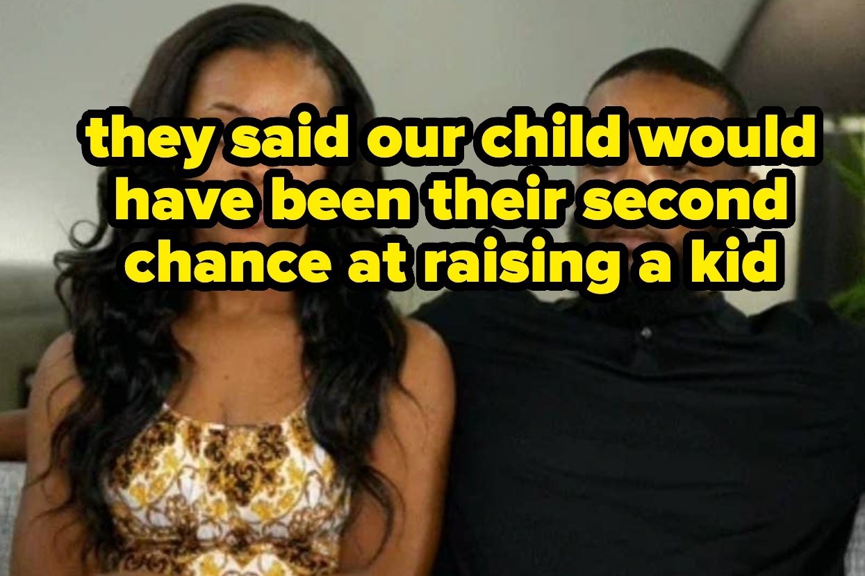A couple sits together on a couch with text overlay: "they said our child would have been their second chance at raising a kid."