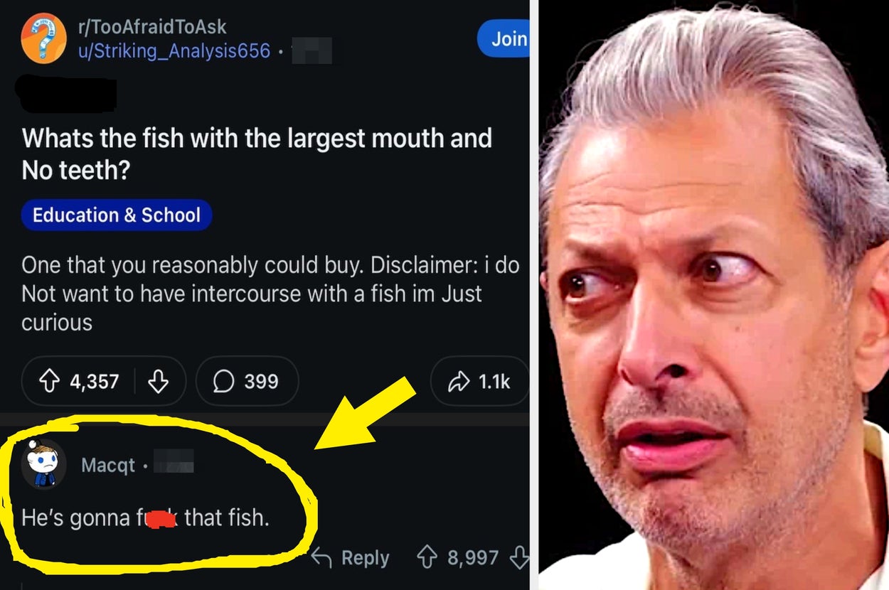 A shocked man reacting to a humorous online post about a fish with a large mouth