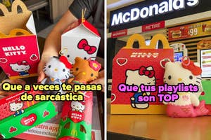 A la izquierda, personas sostienen juguetes de Hello Kitty. A la derecha, caja de Happy Meal de Hello Kitty con texto humorístico sobre playlists