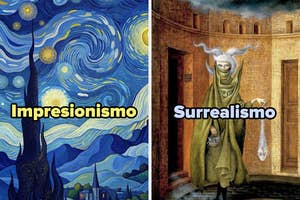 Left: Impressionism painting of irises. Right: Surrealism painting featuring a mysterious figure with dual faces