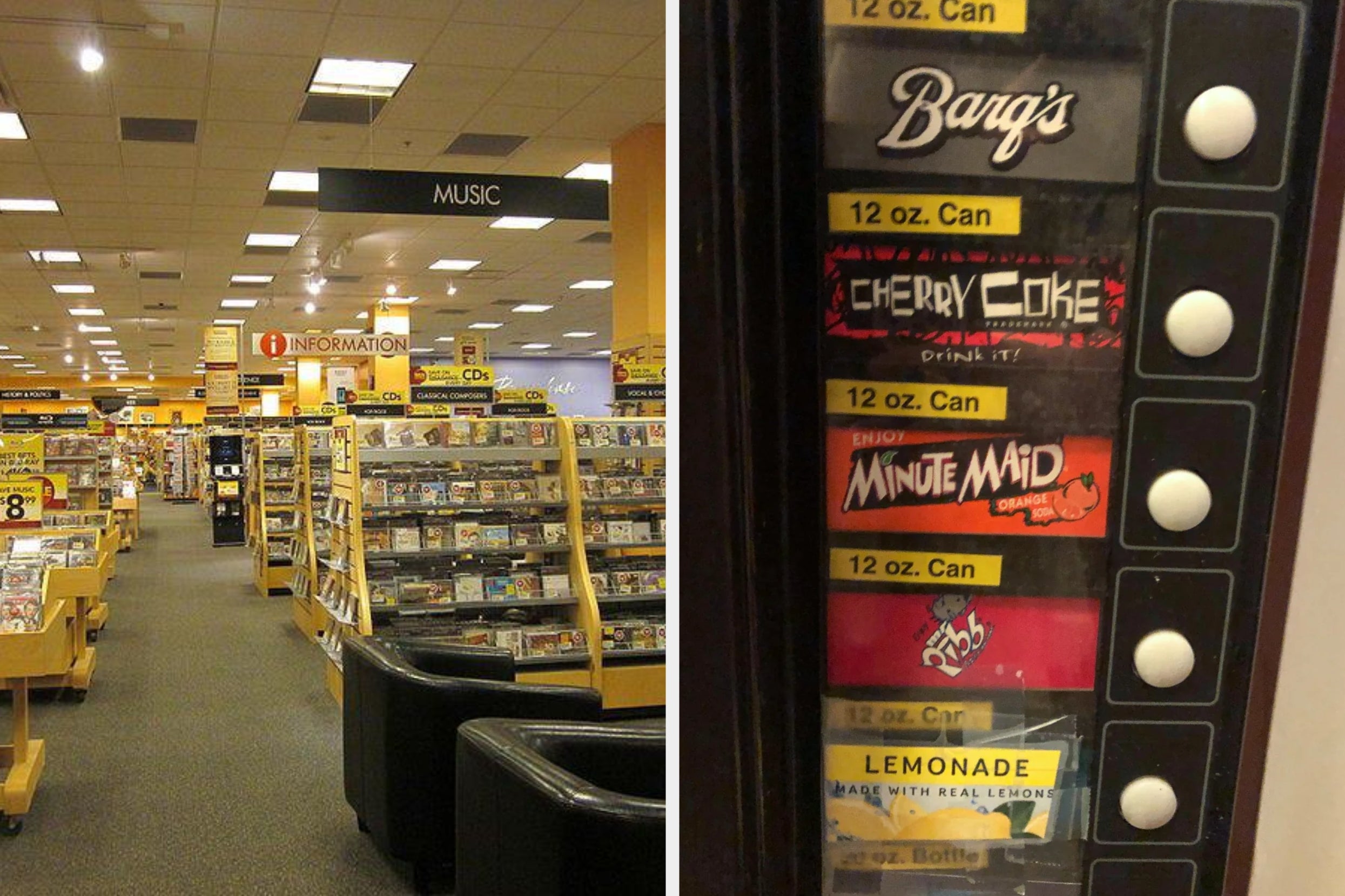 Inside a music store showing CD aisles, next to a vending machine offering canned beverages like Cherry Coke and Minute Maid