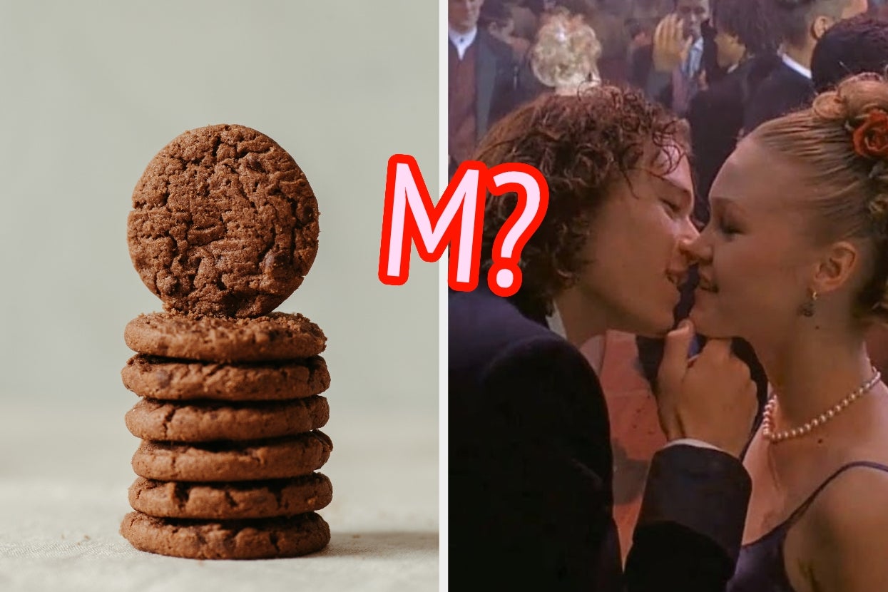 Stack of cookies on the left; on the right, a couple almost kissing at a dance. Red "M?" overlayed in the center