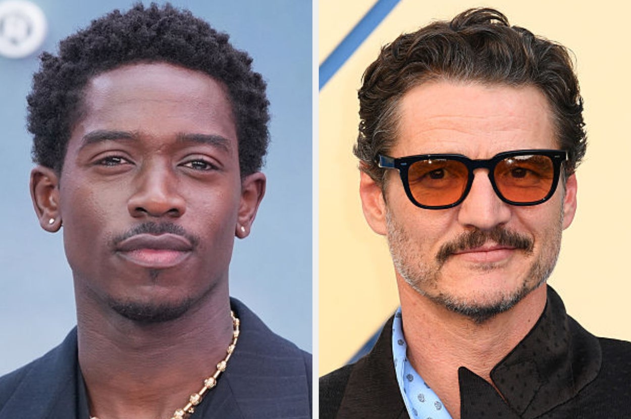 Two people are shown: on the left, an individual with short hair wearing a necklace; on the right, someone with curly hair, sunglasses, and a mustache