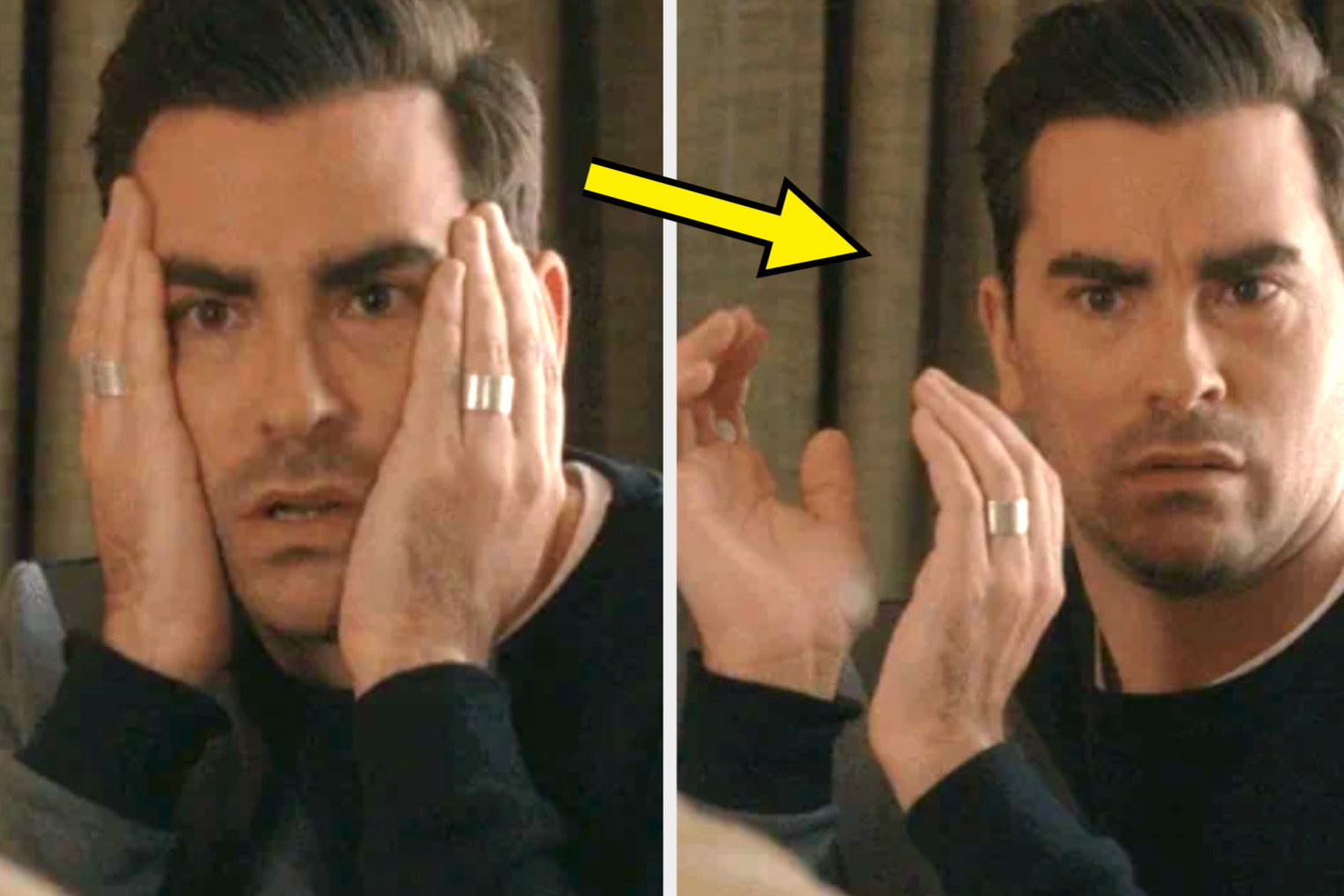 A person initially looks shocked with hands on cheeks, then transitions to an intrigued expression, raising one hand