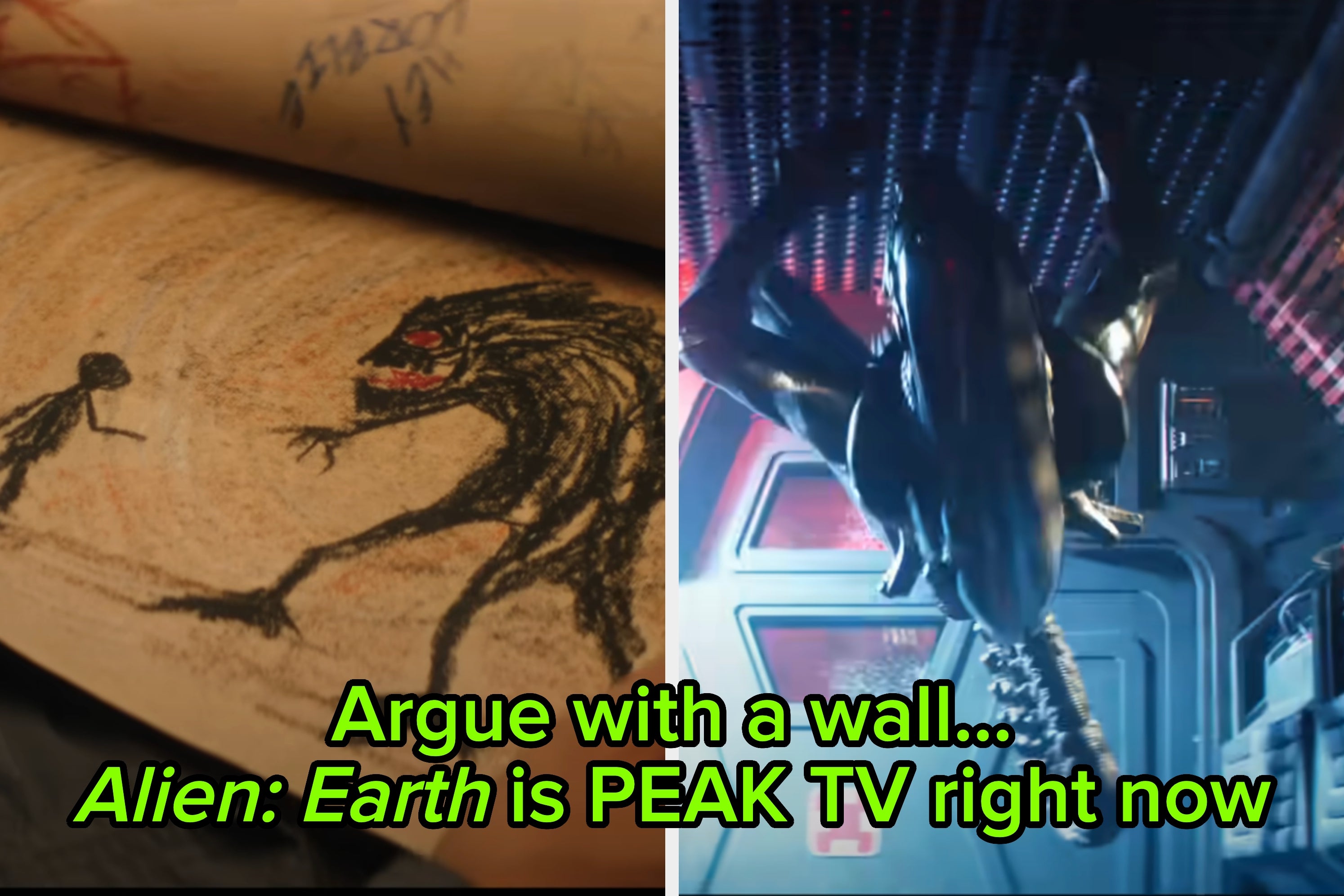 Child's drawing of a monster; next to a scene with a similar creature from a sci-fi film