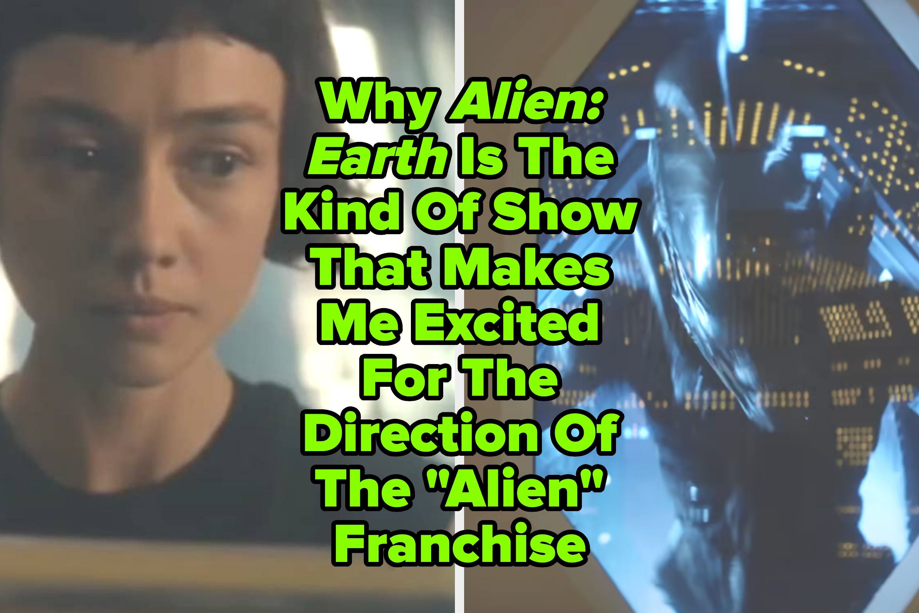 Person with short hair looks concerned on left; sci-fi spaceship interior on right