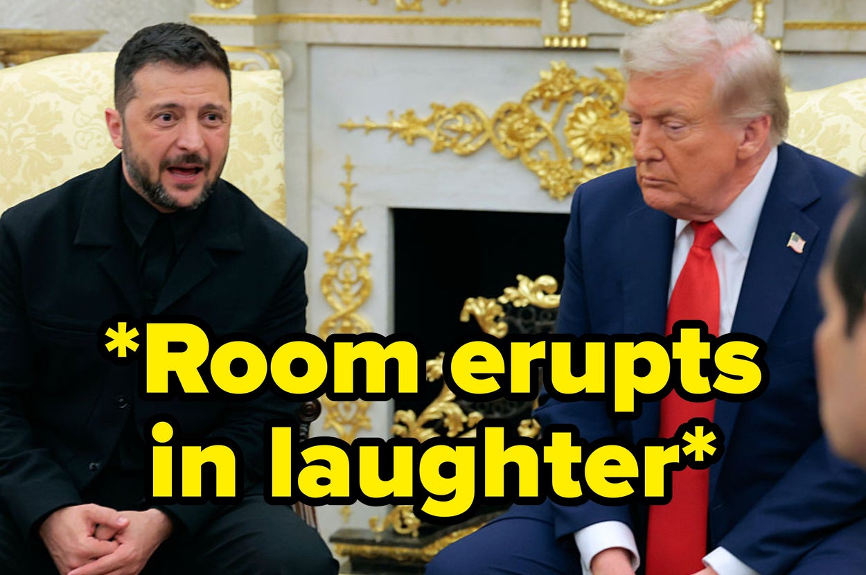 Split image: On left, two men in conversation; on right, a man in casual attire. Overlaying text: Zelenskyy responds to a question about not wearing a suit