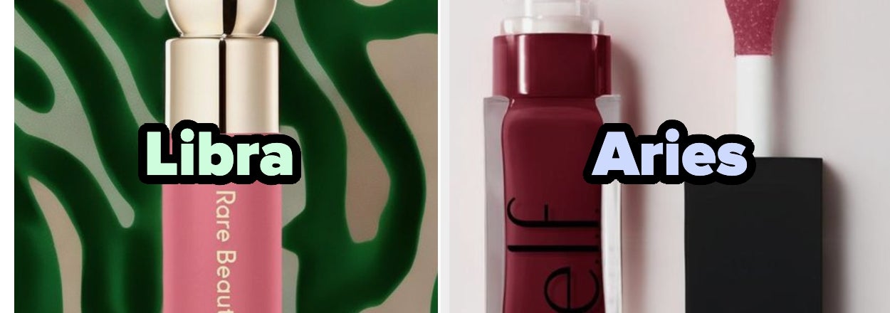 Imagen de dos labiales etiquetados "Libra" y "Aries", de "Rare Beauty" y "elf", respectivamente, para un artículo de belleza