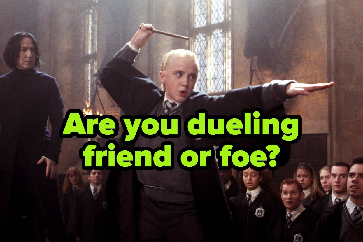 Draco Malfoy in school uniform practicing a dueling pose with a wand, while text asks, "Are you dueling friend or foe?"