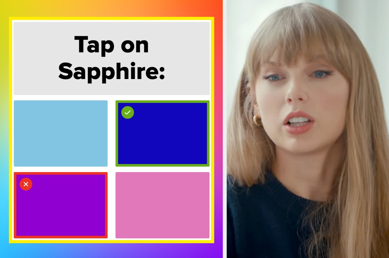Person smiling next to a color quiz titled "Tap on Sapphire" with color options and one correct choice highlighted