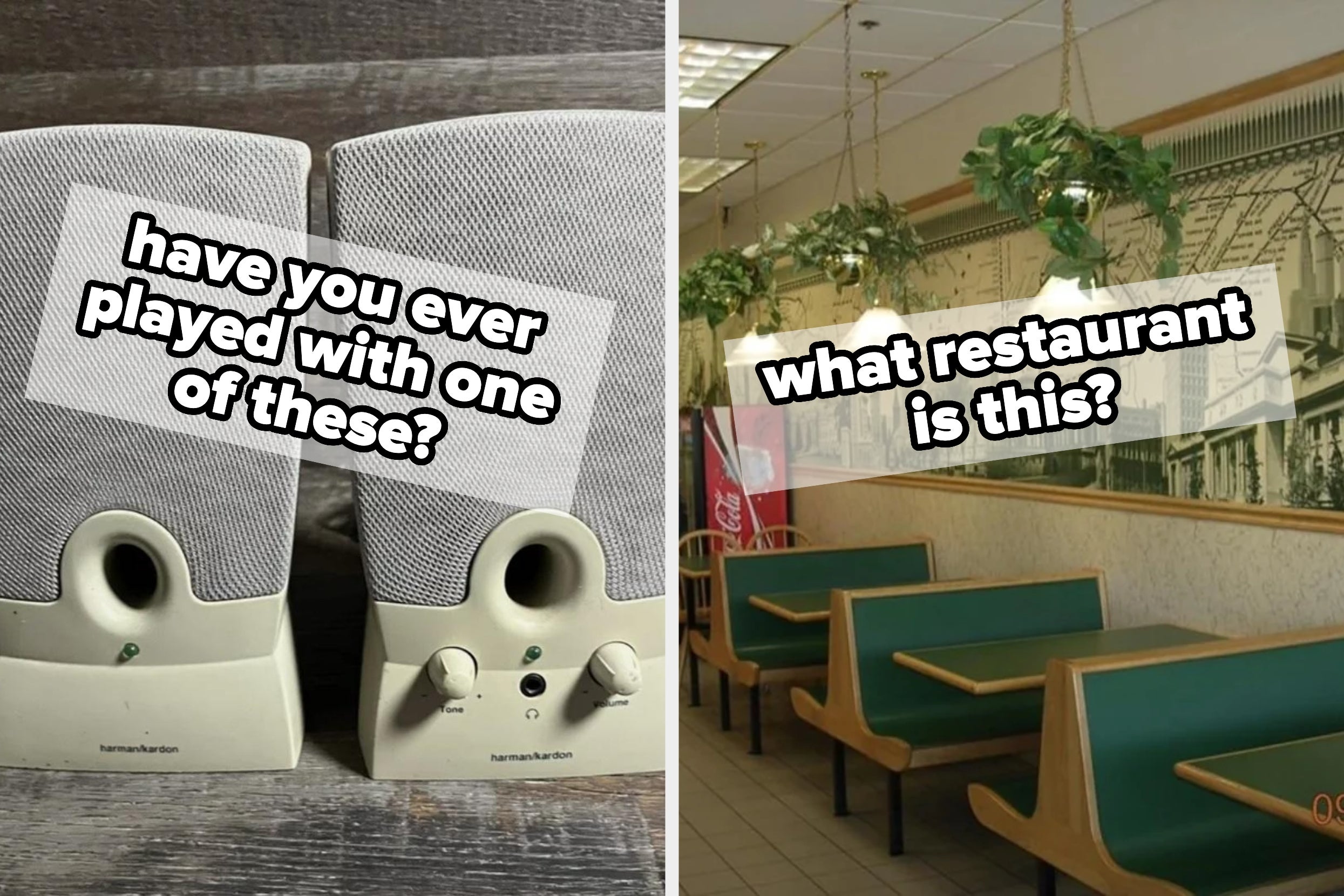 Two images: left shows vintage computer speakers; right shows retro diner with green booths. Text asks about familiarity with these items