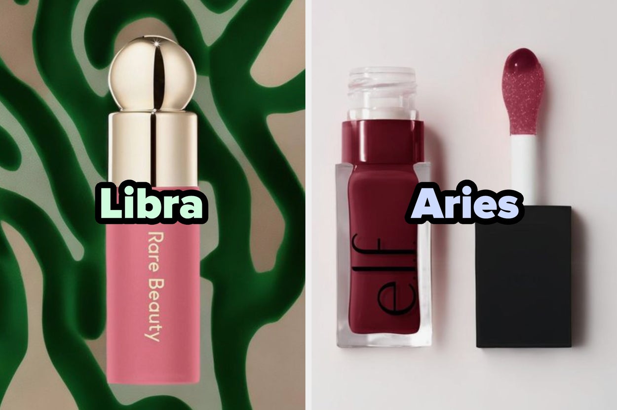 Imagen de dos labiales etiquetados "Libra" y "Aries", de "Rare Beauty" y "elf", respectivamente, para un artículo de belleza