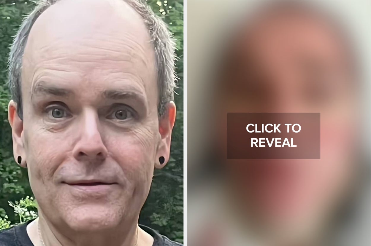 A person with short hair and earrings shown in a split image, with the right side blurred and labeled "Click to Reveal."