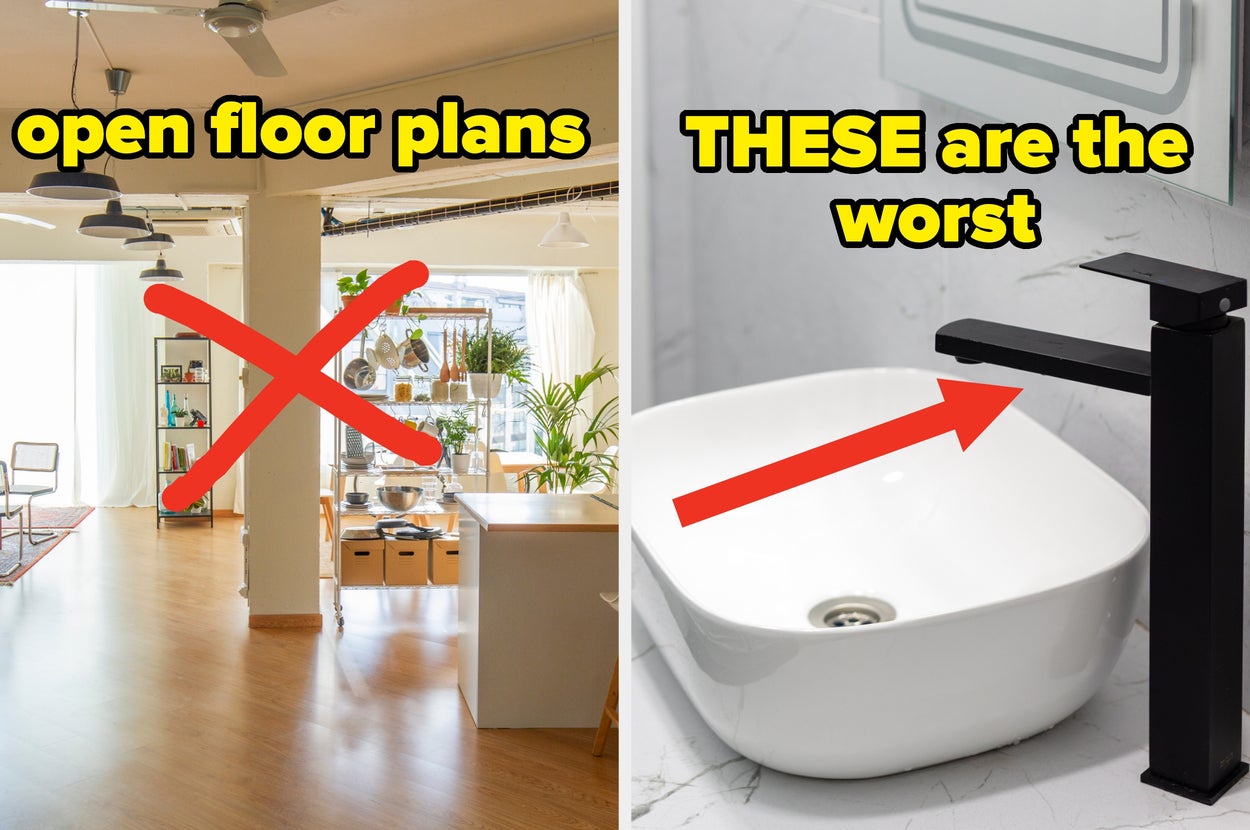 Split image comparison: Left side crossed out open floor plan; right side shows a modern black faucet and sink with an arrow pointing to the faucet