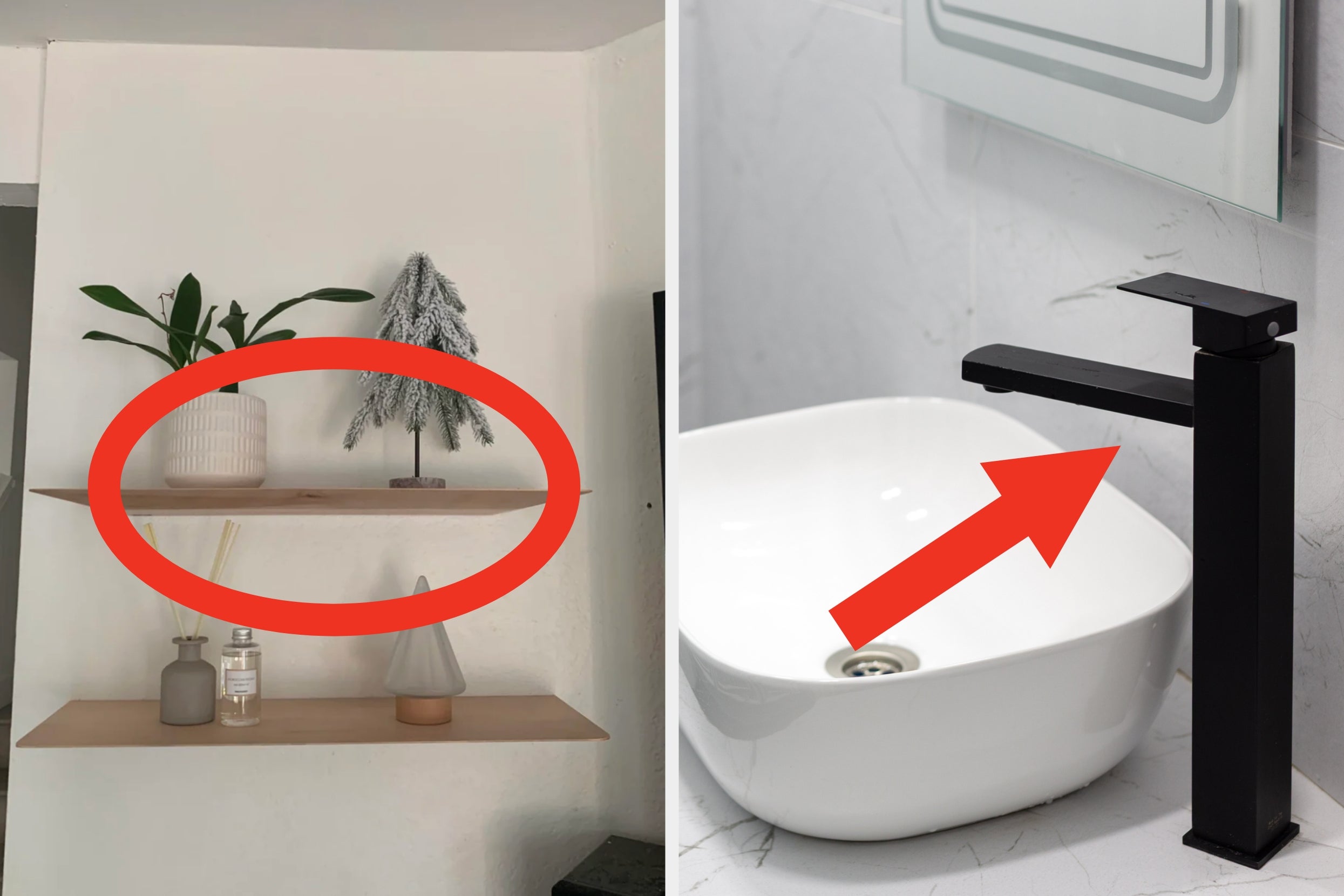 Left: a floating shelf with a red circle around it; right: Black faucet above a white sink, highlighted by a red arrow