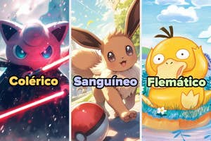 Jigglypuff with a lightsaber (Choleric), Eevee outdoors (Sanguine), Psyduck in water (Phlegmatic), each matched with a temperament type