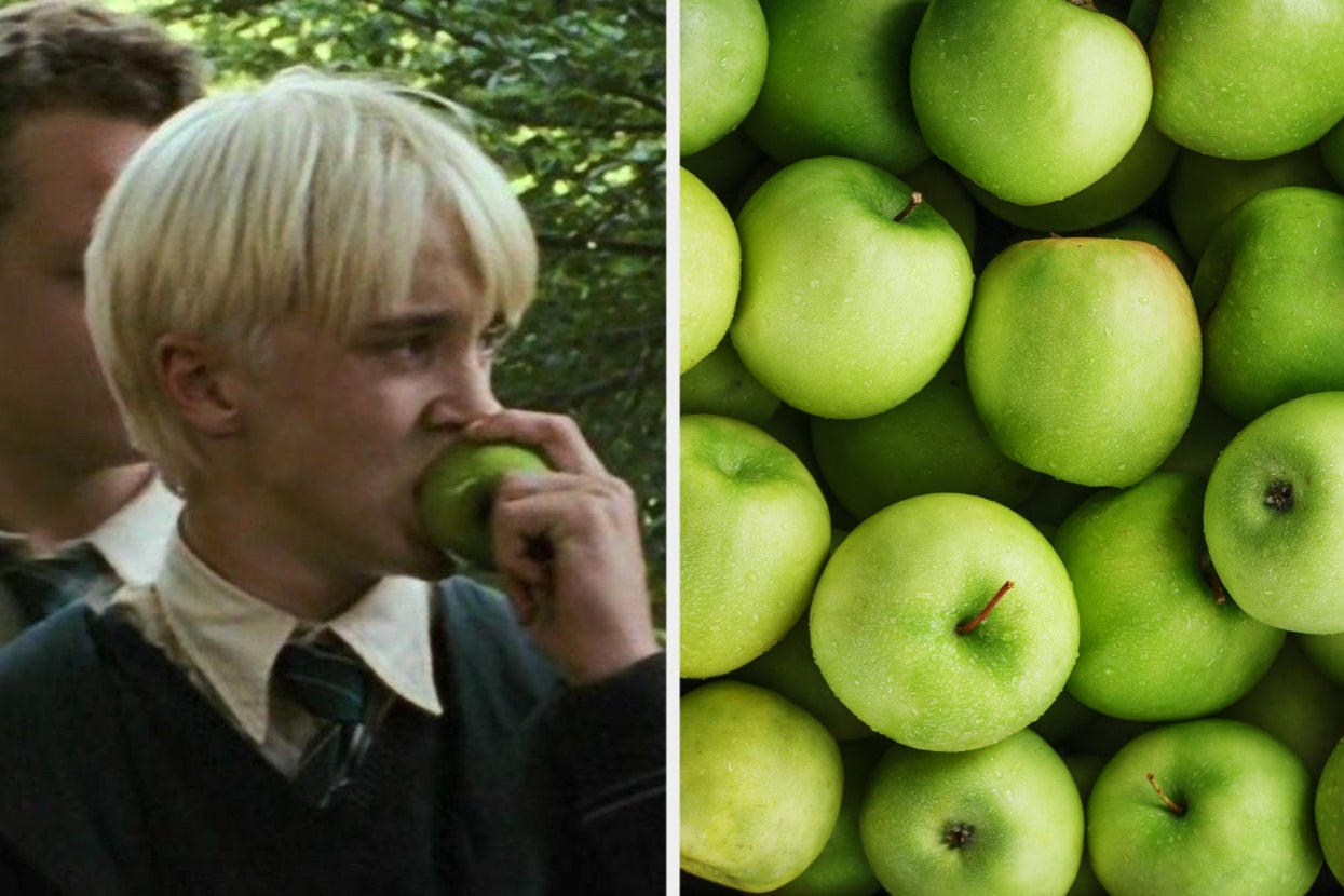 Draco Malfoy in "Harry Potter" in school uniform bites an apple; next to image of many Granny Smith apples