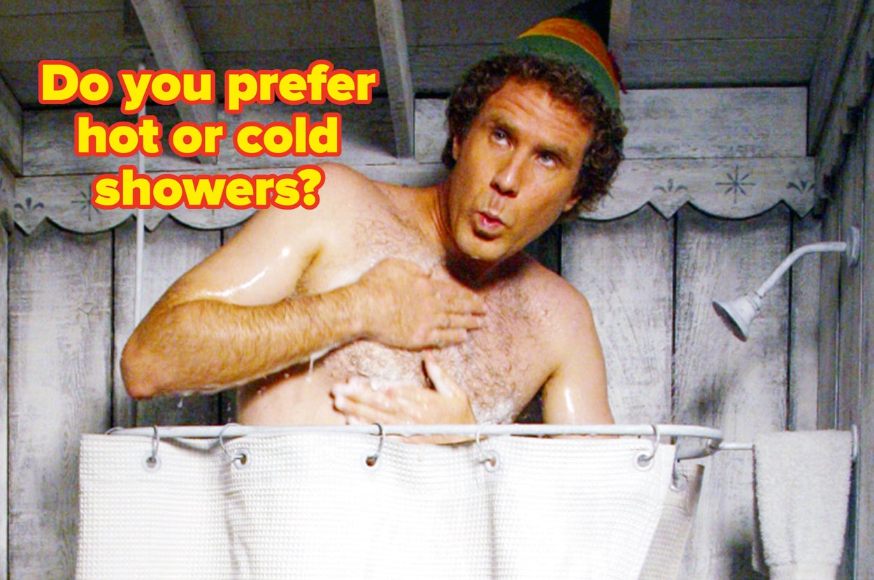 A person wearing a colorful elf hat stands in a shower with wood paneling, looking curious. Text asks, "Do you prefer hot or cold showers?"