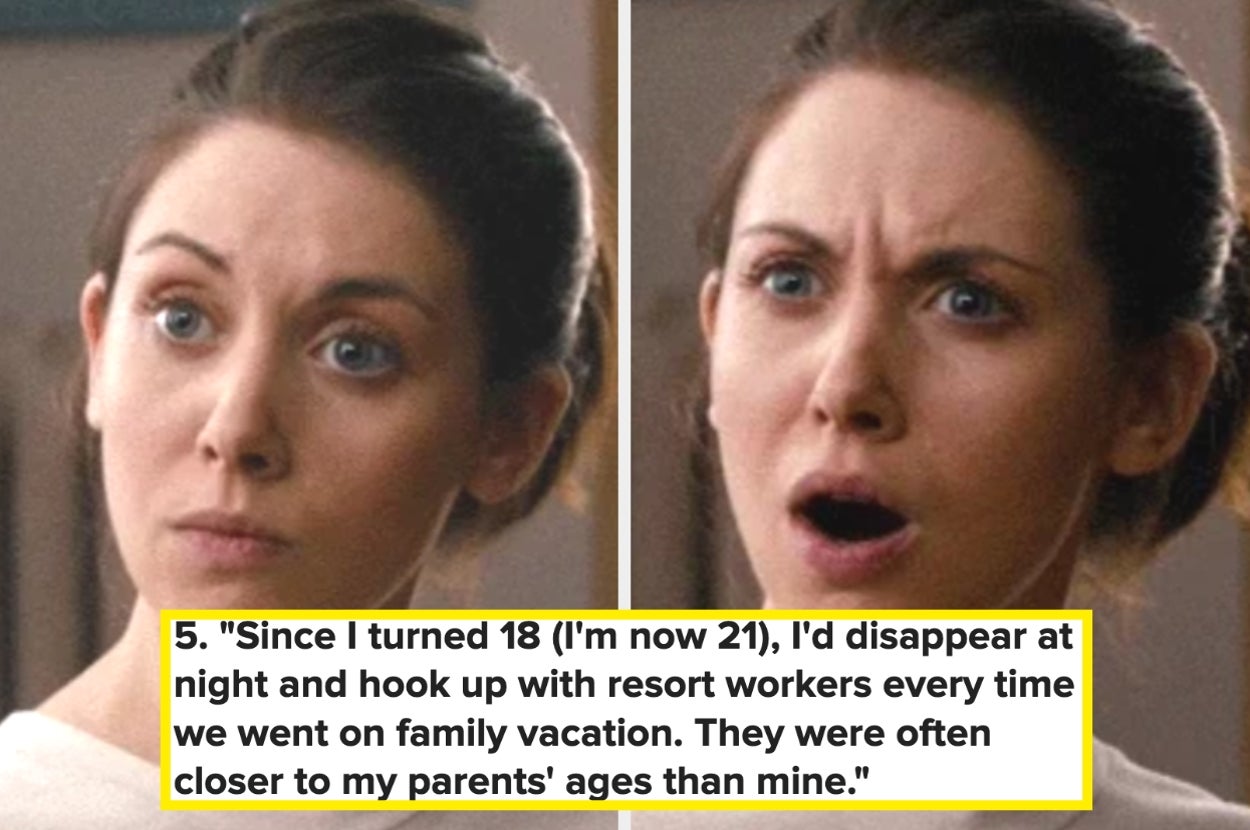Person with shocked expression; overlay text describes a young adult secretly dating resort workers during family vacations
