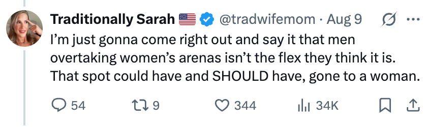 Critiques men participating in women's sports, emphasizing they should let women have those opportunities